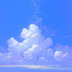 Vibrant Blue Skies with Floating Clouds and Sparkling Stars - A Dreamy, Atmospheric Artwork
