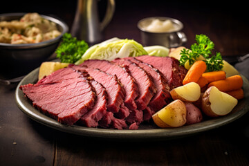 Rustic corned beef dinner with beer, traditional Irish food