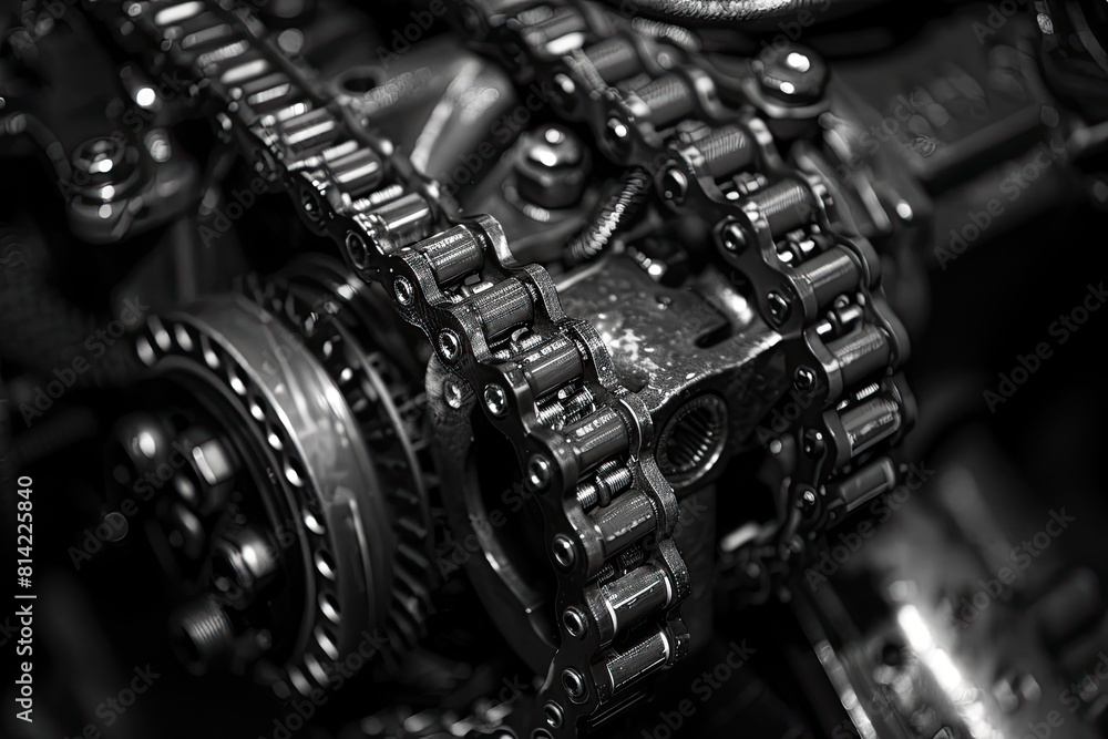 Poster a close up of a chain with many links. the chain is black and shiny