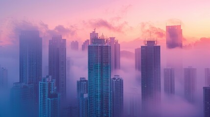 A city skyline with a hazy, purple sky. The buildings are tall and the city appears to be in the middle of a fog