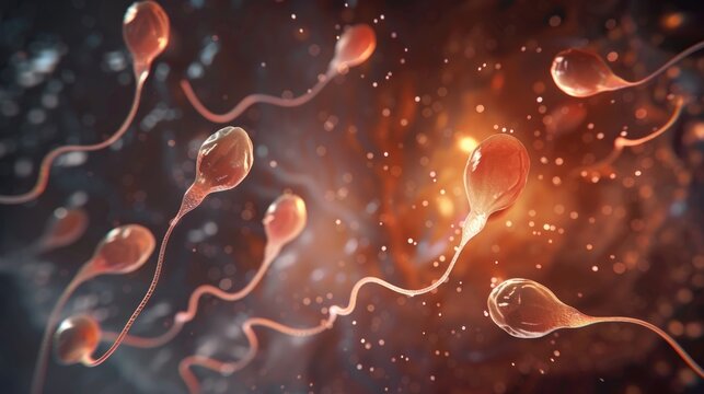 Detailed microscopic view of human sperm floating in egg cell. Laboratory science concept