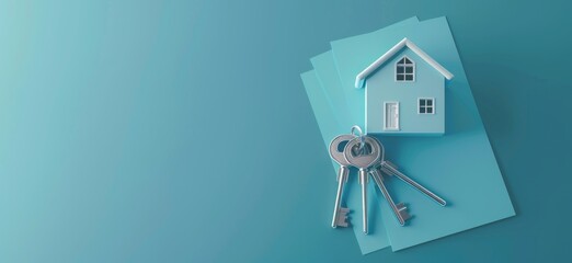 3D illustration of silver keys with house model on blue paper, real estate concept, top view banner background.