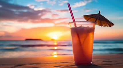 Cocktail with tube on the beach with beautiful sunset background. Vacation concept