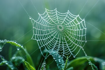 A spider web is shown in a green field with dew drops on it. The web is very intricate and has a lot of detail