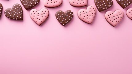 Cookies shaped like hearts on a pink background top view with copy space. Valentine's Day greeting card.