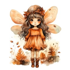 Fototapeta premium Forest autumn fairy with wings full-length on white background. Children's cartoon watercolor illustration 