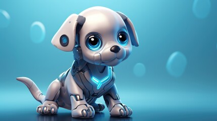 Cute futuristic robot puppy on pastel blue background 