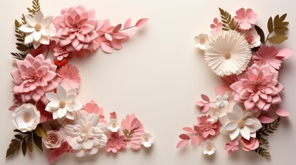 Empty greeting card with paper applique flowers mockup top view. Pastel colors