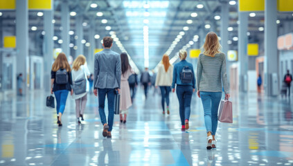 Fototapeta premium Rear view group young people walking in airport, carrying luggage, leaving journey. Businessman and businesswoman, with suitcase, travel destinations. modern in motion in corridor.