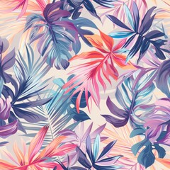 Exotic light delicate botanical pattern with tropical leaves and hibiscus flowers. Floral background 1:1