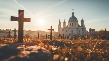 A Serene Sunset Casts a Golden Glow Over a Quiet Christian Cemetery and Church