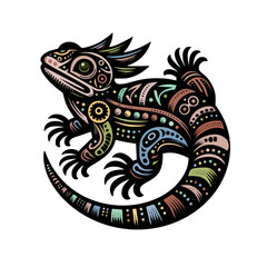 Fototapeta premium Colorful Aztec style art of an iguana with thick black outline.