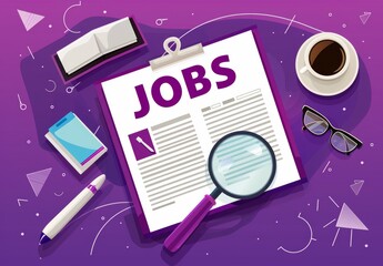 Newspaper with the word "JOBS" as the illustration of an open magazine or newspaper on top, showing a job menu in the flat design style.