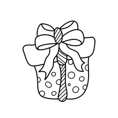 Hand drawn Doodle giftbox with ribbon bow and pattern. Simple Outline vector illustration isolated on a white background. Editable stroke present