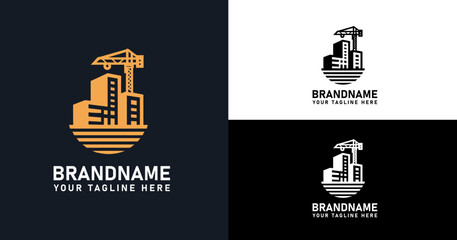 Modern Construction Logo Template with Gold Building and Crane Design