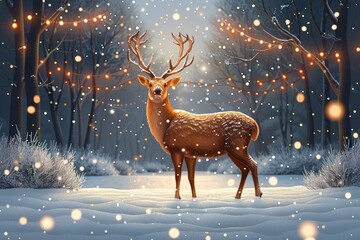 New Year Celebration Holidays concept. Present gift boxes on the snow under Christmas tree. Christmas reindeer in winter forest.
