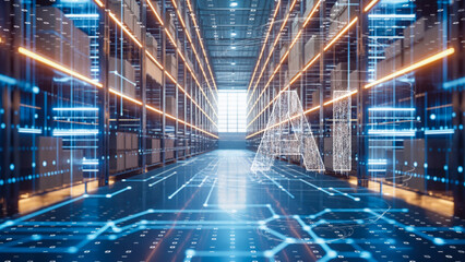 Smart warehouse environment, Futuristic storage facility with interactive digital overlays