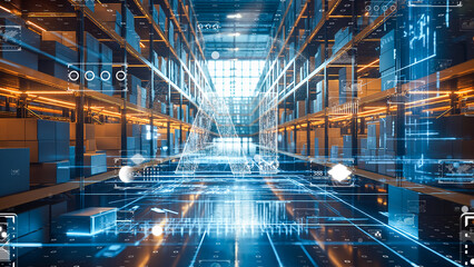 Smart warehouse environment, Futuristic storage facility with interactive digital overlays