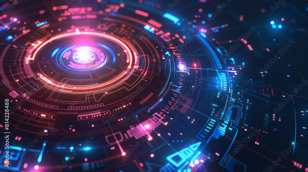 Poster vibrant digital illustration of a futuristic technology interface with glowing neon lights and circu