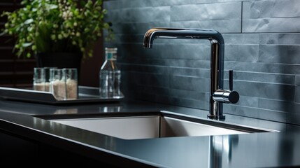 Modern kitchen sink with faucet on dark countertop in modern kitchen 
