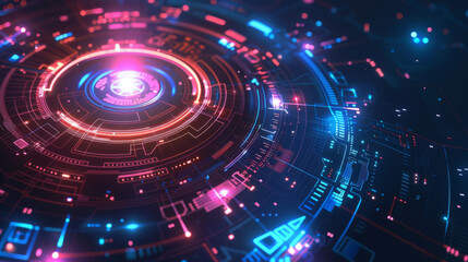 Vibrant digital illustration of a futuristic technology interface with glowing neon lights and circular patterns.