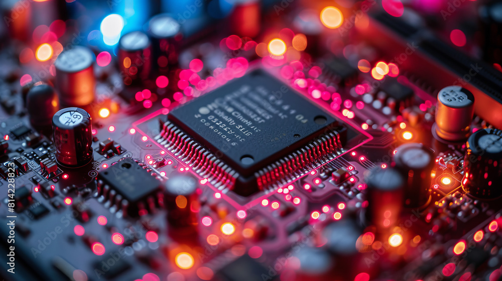 Poster a microchip on a circuit board illuminated by red lights, highlighting advanced electronics design.