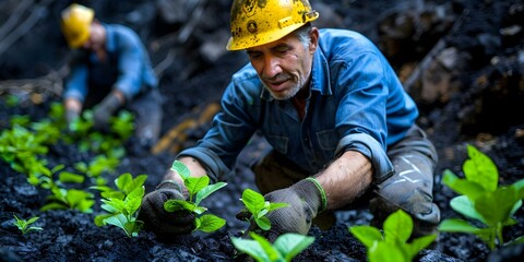 Miners planting green plants in coal heap symbolize commitment to environmentalism. Concept Eco-friendly Practices, Mining Industry, Environmental Commitment, Green Initiatives