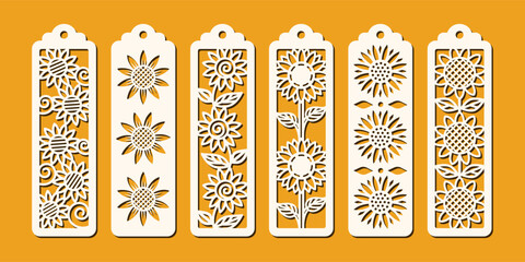 Set of vertical bookmarks with sunflower pattern. Laser cut template. Decorative floral bookmark stencil for paper, wood and metal cutting. Vector design with flowers.