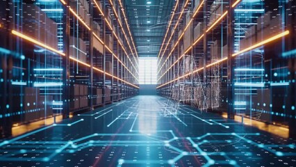 Smart warehouse environment, Futuristic storage facility with interactive digital overlays - Powered by Adobe
