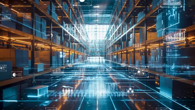 Smart warehouse environment, Futuristic storage facility with interactive digital overlays - Powered by Adobe