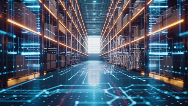 Smart warehouse environment, Futuristic storage facility with interactive digital overlays - Powered by Adobe