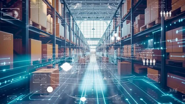 Smart warehouse environment, Futuristic storage facility with interactive digital overlays