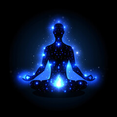 Silhouette of a person meditating, illustration representing a man or woman sitting in lotus pose in dark space, body made of stars and energy, blue aura halo, spiritual inner quest, sacred journey