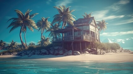 house on a desert island in the ocean. Created with Generative AI.