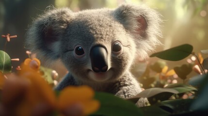 cute baby koala in the forest. Created with generative AI.	