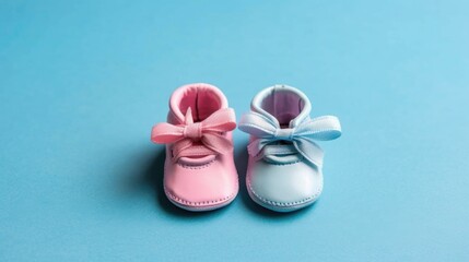 Small pink and blue booties for newborns on a blue background top view. Baby gender reveal party concept