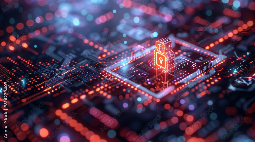 Poster digital concept of a glowing red lock icon on a cyber circuit board background.