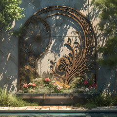Ancient-inspired water fountain with intricate metalwork and lush greenery; perfect for serene gardens or luxurious settings.