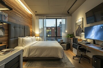 Modern studio with desk, computer and king-size bed, 