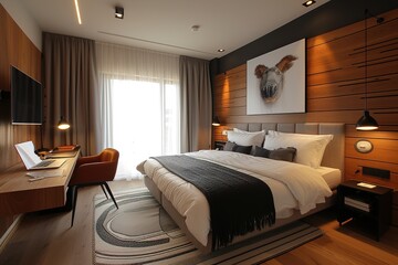 Modern studio with desk, computer and king-size bed