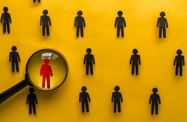 Concept of employee selection or team building, a red human figure in a magnifying glass among black people on a yellow background with copy space area for text.