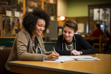 Focused tutor offers guidance to a young student working on an assignment in a school setting