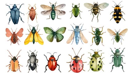 Fototapeta premium Watercolor set of different variations of insects on a white background 