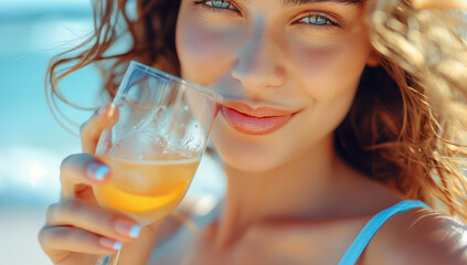 Portrait beautiful young woman with glass cocktail beach. Stylish female enjoying sunlight, hair. Holding wineglass with elegance and happy smile, carefree luxury and relaxation.
