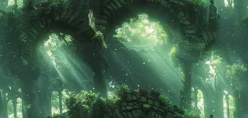 Explore an abandoned cityscape through a portal into a mystical forest, capturing towering ruins and enchanted flora with a dramatic low angle shot