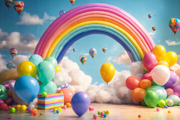 Wall in a decorated children's room. Rainbow, clouds and colorful balloons. - 814231636