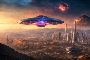 Alien flying saucers over big evening futuristic city. UFO steals people. Painted picture. Generative AI. - 814231655