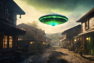 Alien flying saucer on street of old village with wooden houses. Alien abduction concept. UFO kidnapping. Painted picture. Generative AI. - 814231663