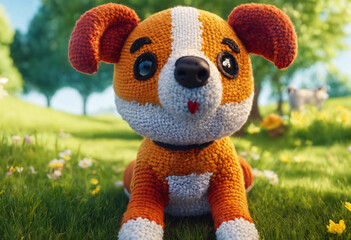 Handmade knitted dog. Kid soft animal toy made yarn on summer green countryside meadow. Selective focus on eyes. - 814231802
