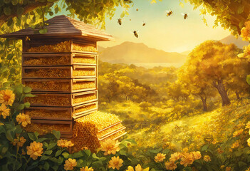 Big wooden bee hive in sunny blooming garden - 814231871